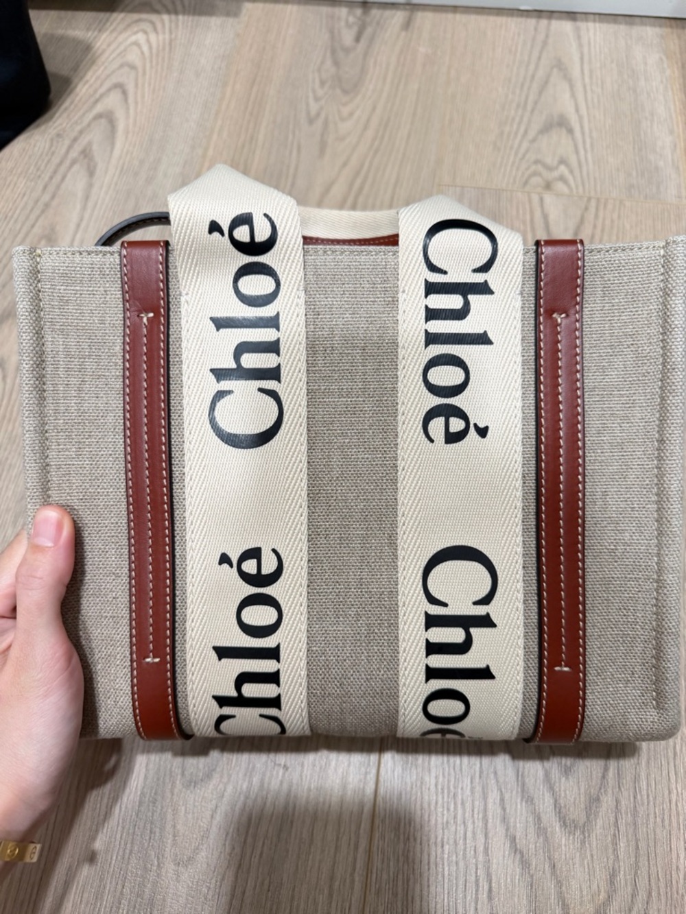 Chloé Beige Canvas Crossbody with Brown Leather Trim and Logo Straps